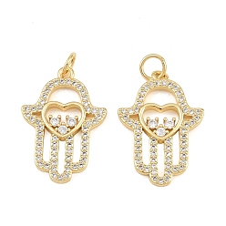 Clear Brass Micro Pave Cubic Zirconia Pendants, Hamsa Hand with Heart Charms, Rack Plating, Long-Lasting Plated, Cadmium Free & Lead Free, Real 18K Gold Plated, Clear, 22x15.5x2mm, Hole: 3.5mm