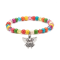 Angel & Fairy Женский эластичный браслет из синтетической бирюзы (окрашенной) и акриловых бусин с подвеской из сплава, красочный, ангел и фея, Кулон : 19.5x18.5x3.5 мм, внутренний диаметр: 2-1/8 дюйм (5.5 см)