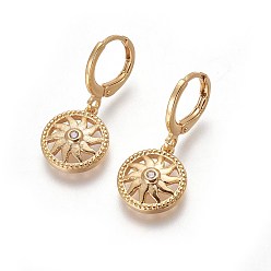 Golden Brass Dangle Hoop Earrings, with Micro Pave Cubic Zirconia, Flat Round with Sun, Golden, 27mm, Pin: 1mm