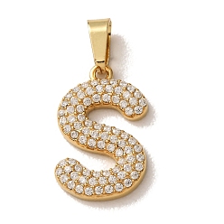 Letter S 304 Stainless Steel Micro Pave Clear Cubic Zirconia Pendants, Letter Charms, Golden, Ion Plating(IP), Letter S, 18x11.5x2.5mm, Hole: 6x2.5mm