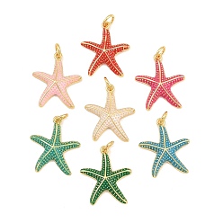 Mixed Color Brass Enamel Pendants, Starfish Charms, Real 18K Gold Plated, Mixed Color, 20.5x18x3.5mm, Hole: 3.5mm