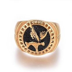 Античное Золото 304 палец кольца из нержавеющей стали, перстни-печатки для мужчин, птица в выдолбленном круге, античное золото , Размер 7~12, 17~22 мм