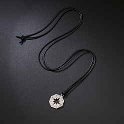 Черный Регулируемый кулон в виде восьмиугольного компаса из сплава с вощеным шнурком для мужчин., платина, чёрные, 34.65 дюйм (88 см)