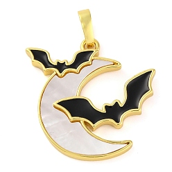 Луна Подвески из латуни и эмали на тему Хэллоуина, без кадмия и без свинца, с паве-ракушкой, долговечный, реальный 18 k позолоченный, луна с битой, 26x25x2 мм, отверстие : 3.5x6 мм