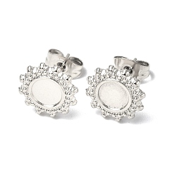 Нержавеющая Сталь Цвет Не тускнеет 304 фурнитура для сережек-гвоздиков из нержавеющей стали, солнце с круглыми настройками лотка, с уха орехов, цвет нержавеющей стали, лоток : 5 мм, 10.5 мм, штифты : 0.7 мм