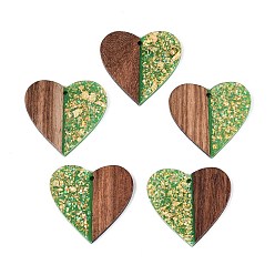 Зеленый лайм Подвески из непрозрачной смолы и орехового дерева, сердце прелести, с блестящей пудрой и золотой фольгой, зеленый лайм, 37.5x39x3~3.5 мм, отверстие : 2 мм