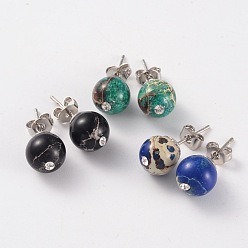Mixed Color Natural Regalite/Imperial Jasper/Sea Sediment Jasper Rhinestone Round Ball Stud Earrings, with Brass Pins, Platinum, Mixed Color, 8mm, Pin: 0.6mm