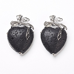 Лавовый камень Подвески из вулканического камня, с латунной фурнитурой платинового цвета, сердце, 46x32x10 мм, отверстие : 3.5x6 мм