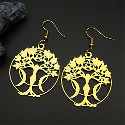 Золотой 304 из нержавеющей стали болтаться серьги, плоские круглые с дерева жизни, золотые, 57x35 мм