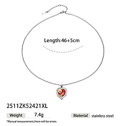 Heart Duo Tone 304 Stainless Steel Enamel Pendant Necklaces for Women, Golden & Stainless Steel Color, Heart, 18.11 inch(46cm), Pendant: 30mm