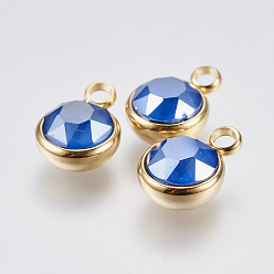 Королевский синий K 9 стеклянные подвески, с 304 фурнитурой из нержавеющей стали, ионное покрытие (ip), граненые, плоско-круглые, золотые, королевский синий, 13.5x10x6 мм, отверстие : 2.5 мм