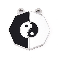 Нержавеющая Сталь Цвет 304 из нержавеющей стали эмали сплит подвески, восьмиугольные и инь-янские подвески, белый / черный, цвет нержавеющей стали, 23~23.5x21.5x1.5 мм, отверстие : 2 мм