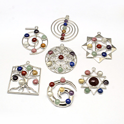 Platinum Mixed Chakra Alloy Gemstone Big Pendants, Platinum, 49~63x22~59x5~13mm, Hole: 3mm