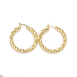 Настоящее золото 18K Латунные серьги обруча, долговечный, без свинца и без кадмия, твист кольцо, реальный 18 k позолоченный, 42x5 мм, штифты : 0.6x1.2 мм