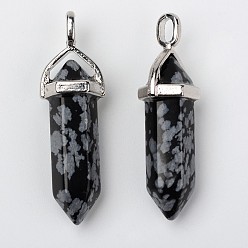 Snowflake Obsidian Natural Snowflake Obsidian Double Terminated Pointed Pendants, with Random Alloy Pendant Hexagon Bead Cap Bails, Bullet, Platinum, 37~40x12mm, Hole: 3mm