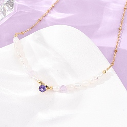 Amethyst Natural Lavender Amethyst Chip and Rice Natural Pearl Beaded Necklaces, Brass Pave Cubic Zirconia Necklaces, Real 18K Gold Plated, Long-Lasting Plated, Rack Plating, Lead Free & Cadmium Free, 14.96 inch(38cm)
