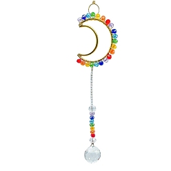Moon Wire Wrapped Glass Beads & Metal Hanging Ornaments, Round Tassel Suncatchers for Home Garden Outdoor Decoration, Moon, 180mm