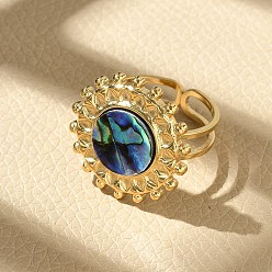 Настоящее золото 18K Плоские круглые 304 перстни из ракушки пауа из нержавеющей стали для женщин, ионное покрытие (ip), реальный 18 k позолоченный, 20.5 мм, внутренний диаметр: 17 мм