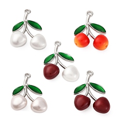 (52) Непрозрачная лаванда Подвески из латуни, зеленой эмали и пластика с вишней, фруктовые прелести, платина, стойки покрытие, долговечный, без кадмия и без свинца, разноцветные, 37.5~41.5x29~32.5x11.5~13.5 мм, отверстие : 3x3.5 мм