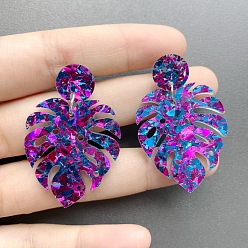 Фуксин Серьги-гвоздики с акриловыми пайетками в виде листьев, платина, фуксиново-красные, 46x30 мм