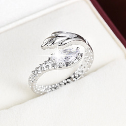 Silver Brass Pave Cubic Zirconia Cuff Open Rings, Snake, Silver, 15~20mm