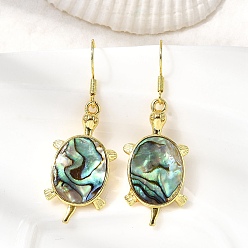 Tortoise Латунные серьги с подвесками из натуральной ракушки пауа, долговечный, стойки покрытие, реальный 18 k позолоченный, черепаха, 47.5x15.5 мм