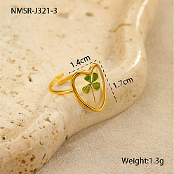 Клевер Стабилизированные цветы 304 открытые кольца-манжеты из нержавеющей стали и эпоксидной смолы для женщин, золотые, клевер, 17x14 мм, размер США 4 1/4~14 (15~23 мм)