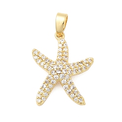 Морская звезда Латунные микропаве прозрачные подвески с фианитом, реальный 18 k позолоченный, морская звезда, 19x15.5x4 мм, отверстие : 5x2.5 мм