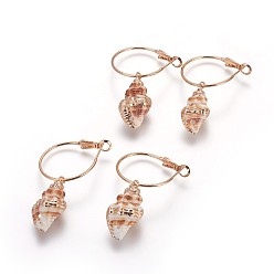 Golden Brass Hoop Earrings, Dangle Earrings, with Shell, Golden, 53~56mm, Shell: 24~26x13~15mm, Pin: 0.6mm