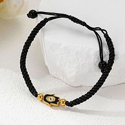 Hamsa Hand 304 браслеты из плетеных бусин из нержавеющей стали, Регулируемые браслеты из плетеной хлопковой нити для женщин и мужчин, черный и золотой, хамса рука и сглаз, 5.91~9.84 дюйм (15~25 см)