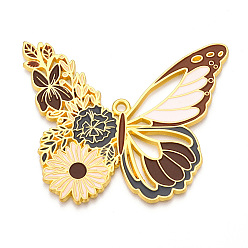 Сиена Подвески из эмалированного сплава с гальванопокрытием, без кадмия, без никеля и без свинца, бабочка с цветочными подвесками, золотые, цвет охры, 55x66.5x2 мм, отверстие : 2.5 мм