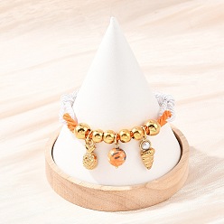 Настоящее золото 18K 304 браслеты с подвесками из нержавеющей стали и синтетических радужных камней, плетеные браслеты из полиэфирной веревки для женщин, форма ракушки, ананас, круглая, с круглыми бусинами и искусственным жемчугом, ионное покрытие (ip), реальный 18 k позолоченный, 7-5/8 дюйм (19.3 см)