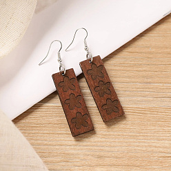 Цветок Богемные деревянные серьги-подвески, прямоугольные, платина, цветок, 47x15 мм