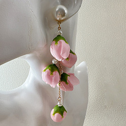 Pink Серьги-гвоздики из сплава и пластика с жемчугом, Женские серьги-подвески в виде цветов из железа и ткани, золотые, розовые, 140x40 мм