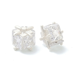 Посеребрённый Латунные бусины из фианита, квадратный, долговечный, без свинца и без кадмия, стойки покрытие, 925 серебро покрытием, 9x9x6.5 мм, отверстие : 1.9 мм