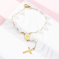 Золотой 304 из нержавеющей стали ссылку цепи браслеты, ионное покрытие (ip), с 201 крестообразными деталями из нержавеющей стали и пластиковой имитацией жемчуга, золотые, 7-5/8 дюйм (19.5 см)