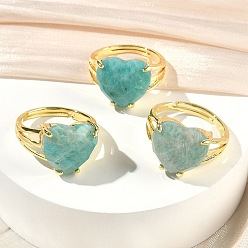Амазонит Латунные манжеты с открытыми кольцами, с натуральным амазонитом, сердце, граненые, стойки покрытие, долговечный, золотые, размер США 8 1/2 (18.5 мм)