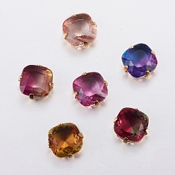 (52) Непрозрачная лаванда Шить на горный хрусталь, стекло горный хрусталь, с золотыми тонами латунных зубьев, аксессуары для одежды, граненые, квадратный, разноцветные, 11.2x11.2x6 мм, отверстие : 1 мм