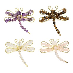 Смешанные камни Броши из натуральных драгоценных камней, латуни и железа, стрекоза, золотые, 45~52x51~52 мм