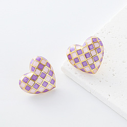 Purple Heart with Tartan Pattern 304 Stainless Steel Enamel Stud Earrings for Women, Golden, Purple, 25x28mm