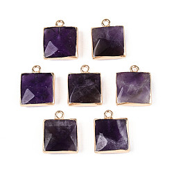 Аметист Граненые подвески из натурального аметиста, квадратные латунные подвески, золотые, 18x14~15x6~6.5 мм, отверстие : 1.8 мм