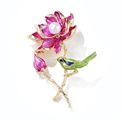 Средний Фиолетово-красный Брошь из цинкового сплава, булавка с эмалью в виде цветка и искусственного жемчуга, средне фиолетовый красный, 60x40 мм