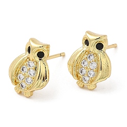 Real 18K Gold Plated Rack Plating Brass Owl Stud Earrings with Cubic Zirconia, Lead Free & Cadmium Free, Real 18K Gold Plated, 11x9mm
