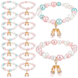 Mixed Color 16Pcs 2 Styles Acrylic Bead Bracelets, Shoes, Stretch Bracelets with Alloy Enamel Pendant, Mixed Color, Inner Diameter: 1.77 inch(4.5cm), 8pcs/style