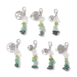 Tree of Life Подвеска из натурального перидота и кристаллов кварца, Подвески из сплава и застежки-лобстеры для украшений сумок, древо жизни, 46~51 мм, Кулон : 12~20x10~17x1~1.5 мм, 7 шт / комплект