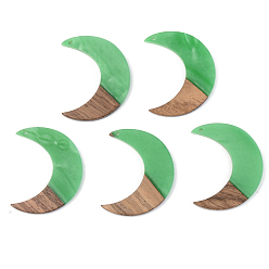Green Opaque Resin & Walnut Wood Pendants, Moon, Green, 38x30x3mm, Hole: 2mm