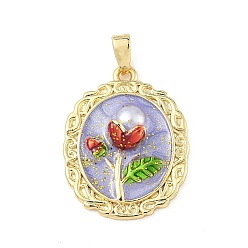 лаванда Латунь эмаль подвески, с пластиковой имитацией жемчуга, стойки покрытие, долговечный, без кадмия и без свинца, реальный 18 k позолоченный, овал с цветочной подвеской, лаванда, 23x18x5 мм, отверстие : 3x5 мм
