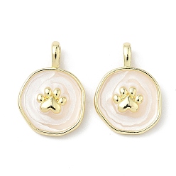 Белый Латунь эмаль подвески, плоский круглый с лапой, реальный 18 k позолоченный, белые, 19x14x3 мм, отверстие : 2.7x3.8 мм