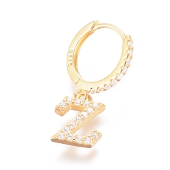 Letter Z 925 Sterling Silver Hoop Earrings, Dangle Earrings, with Cubic Zirconia, with S925 Stamp, Letter, Clear, Golden, Letter.Z, 19.5mm, Pendants: about 8.9x6.8x1.5mm, Pin: 0.6mm