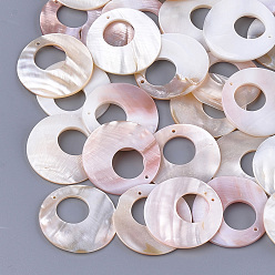 Seashell Color Shell Pearl Pendants, Flat Round, Seashell Color, 35x4mm, Hole: 1mm